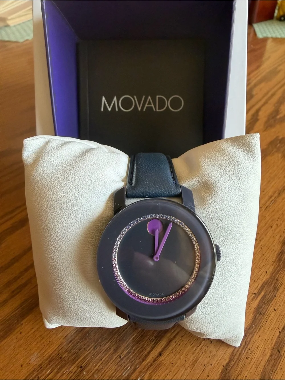 Movado Black Watch with Purple Hands and Crystal Ring